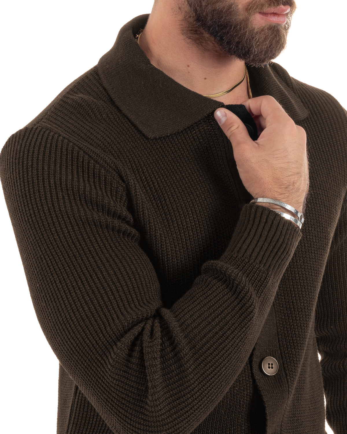 Cardigan Maglioncino Uomo Colletto Polo Bottoni Maglia Inglese Basic Marrone GIOSAL-M3145A