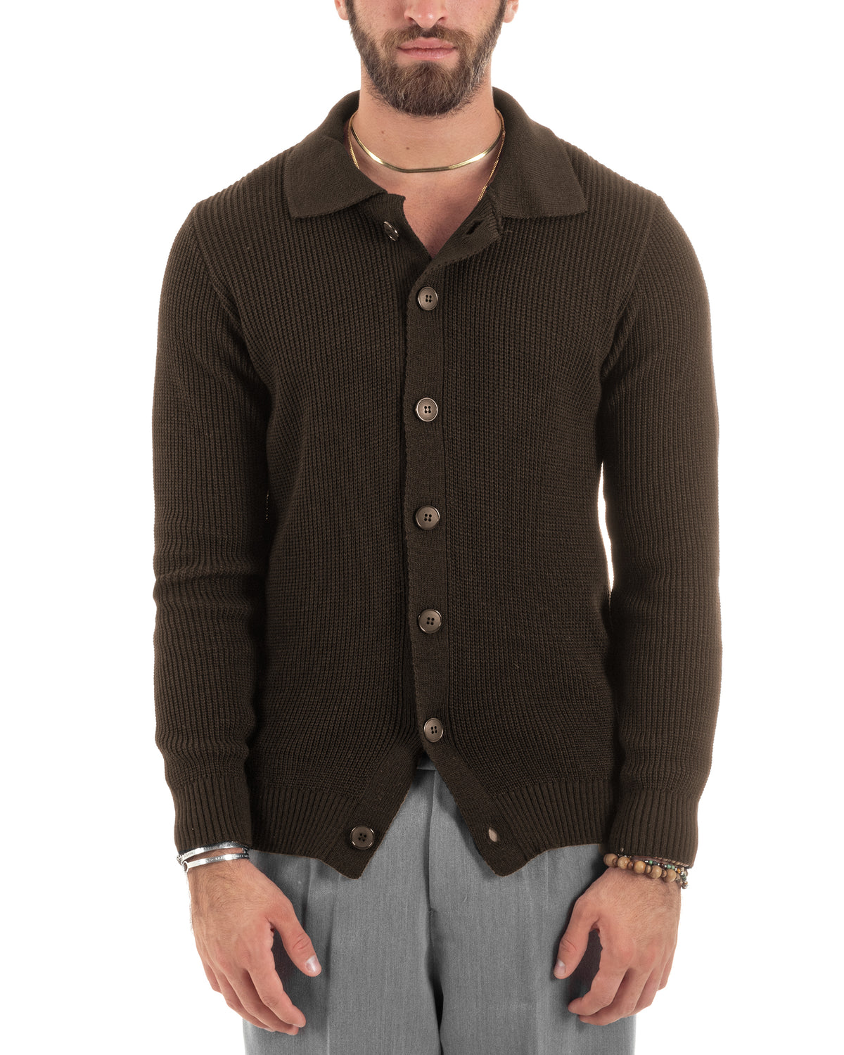 Cardigan Maglioncino Uomo Colletto Polo Bottoni Maglia Inglese Basic Marrone GIOSAL-M3145A