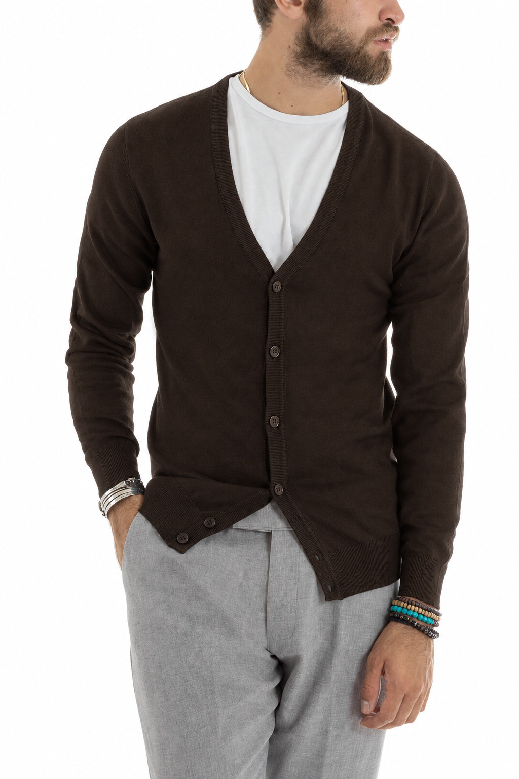 Cardigan Maglia Sottile Scollo a V Basic Marrone GIOSAL-M3146A