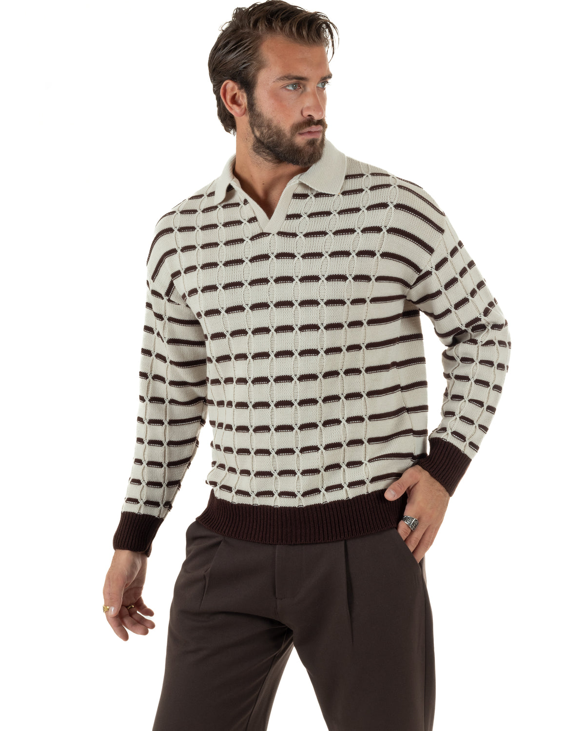 Polo uomo maglia scollo v trecce rigata beige BlackSunday M3148A