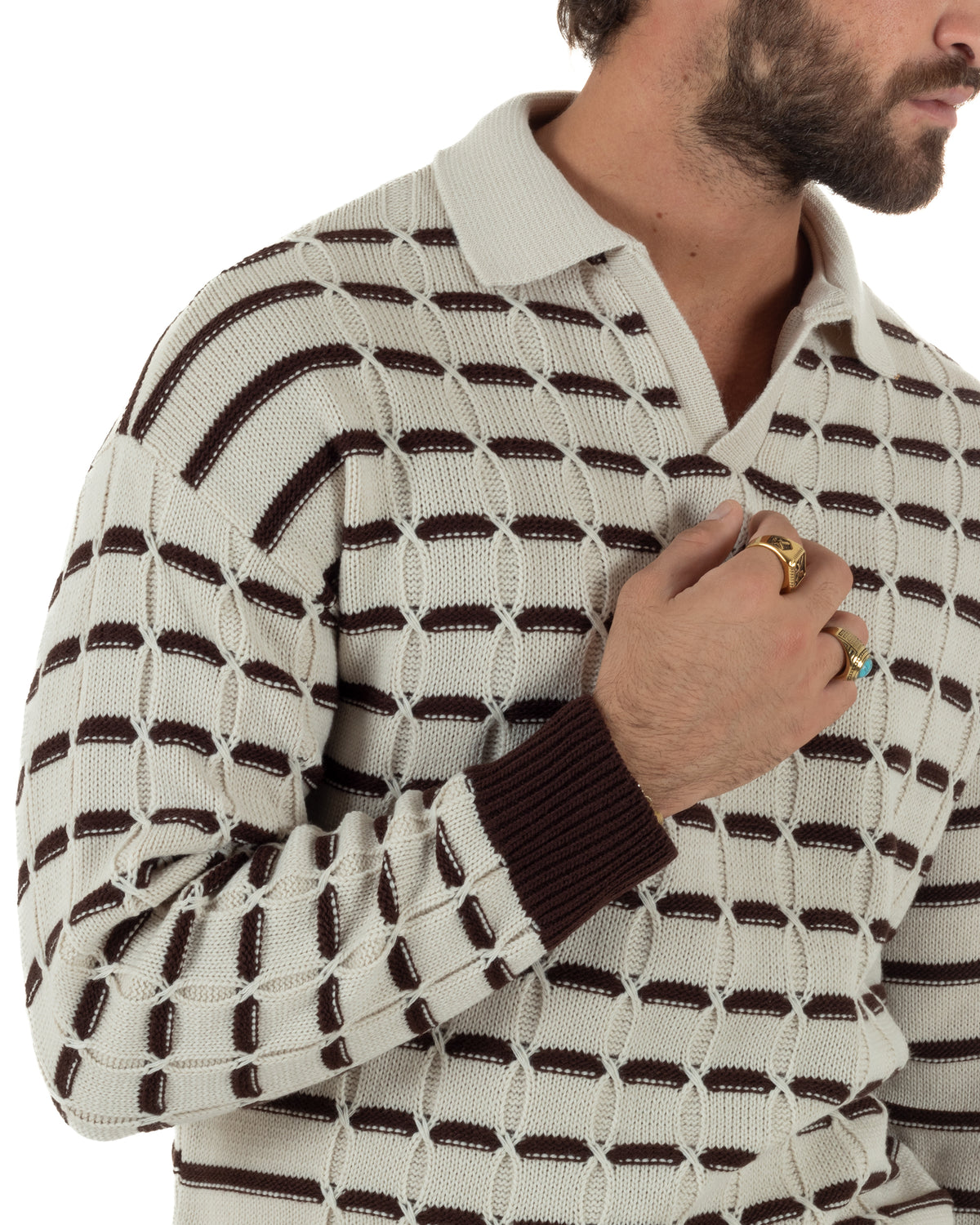 Polo uomo maglia scollo v trecce rigata beige BlackSunday M3148A