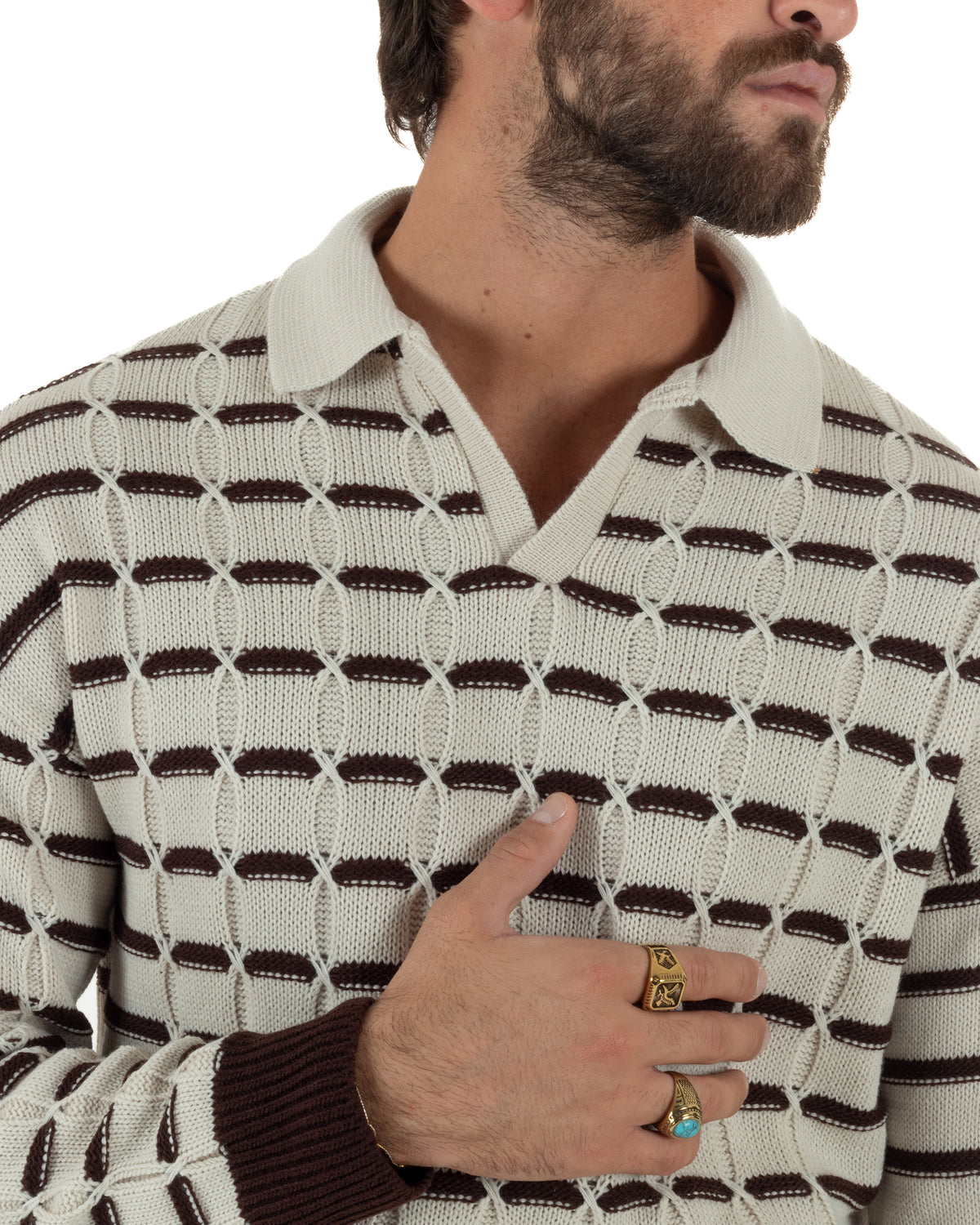 Polo uomo maglia scollo v trecce rigata beige BlackSunday M3148A