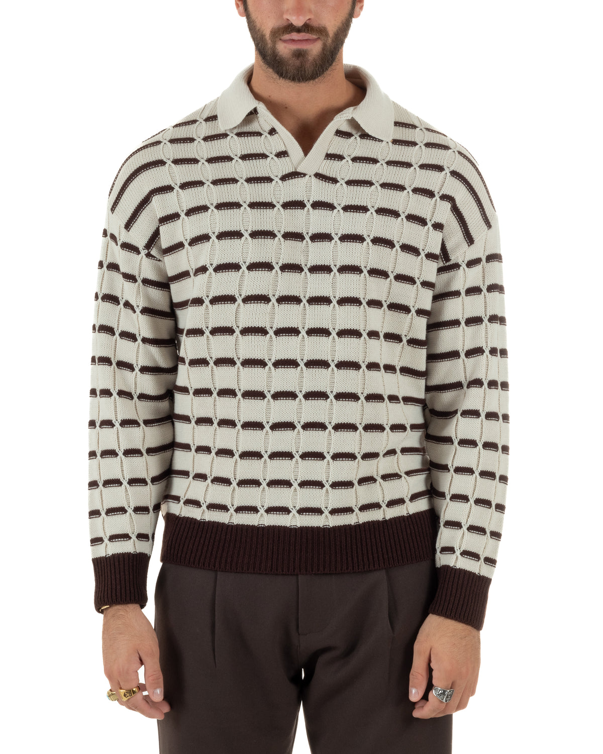 Polo uomo maglia scollo v trecce rigata beige BlackSunday M3148A