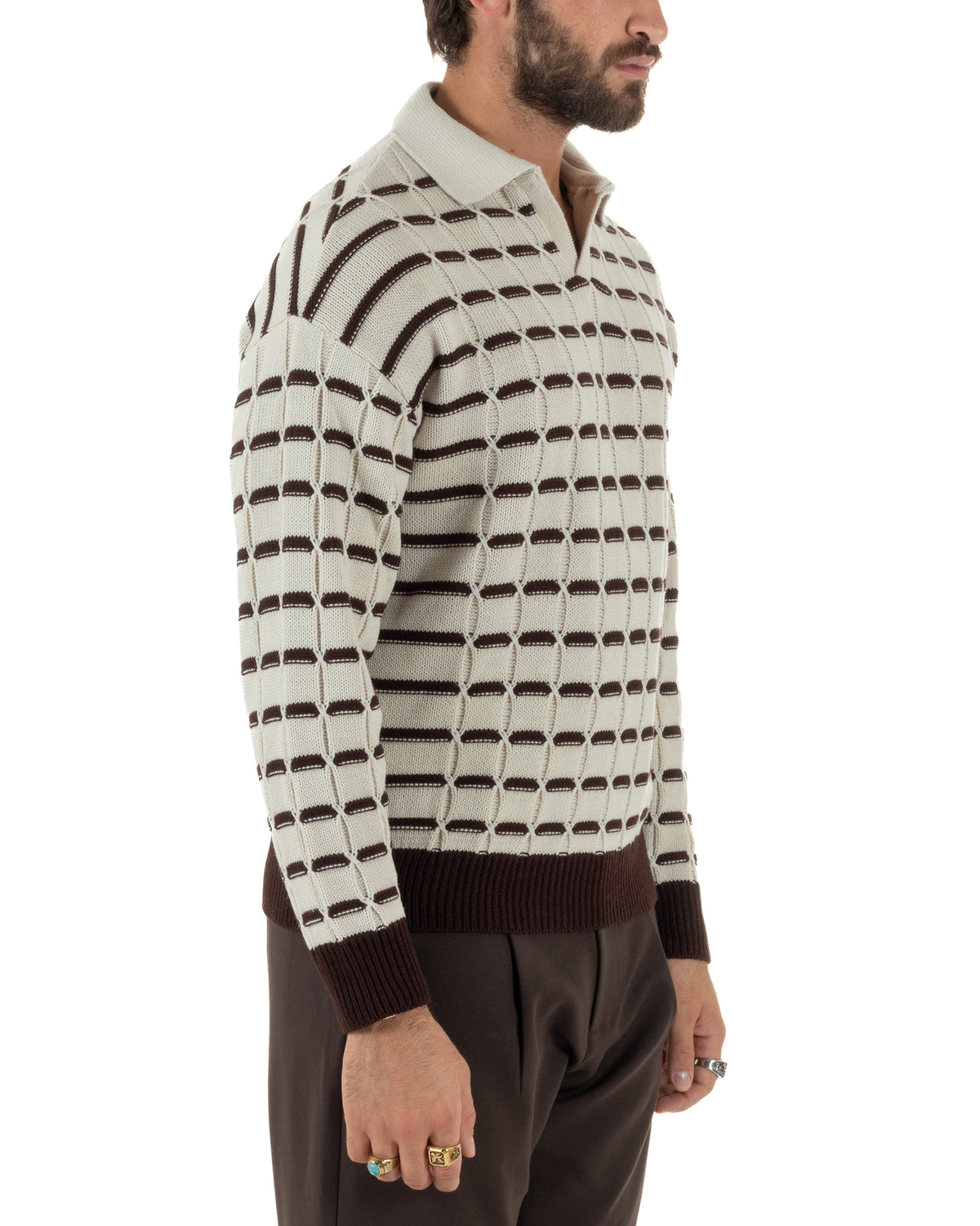 Polo uomo maglia scollo v trecce rigata beige BlackSunday M3148A