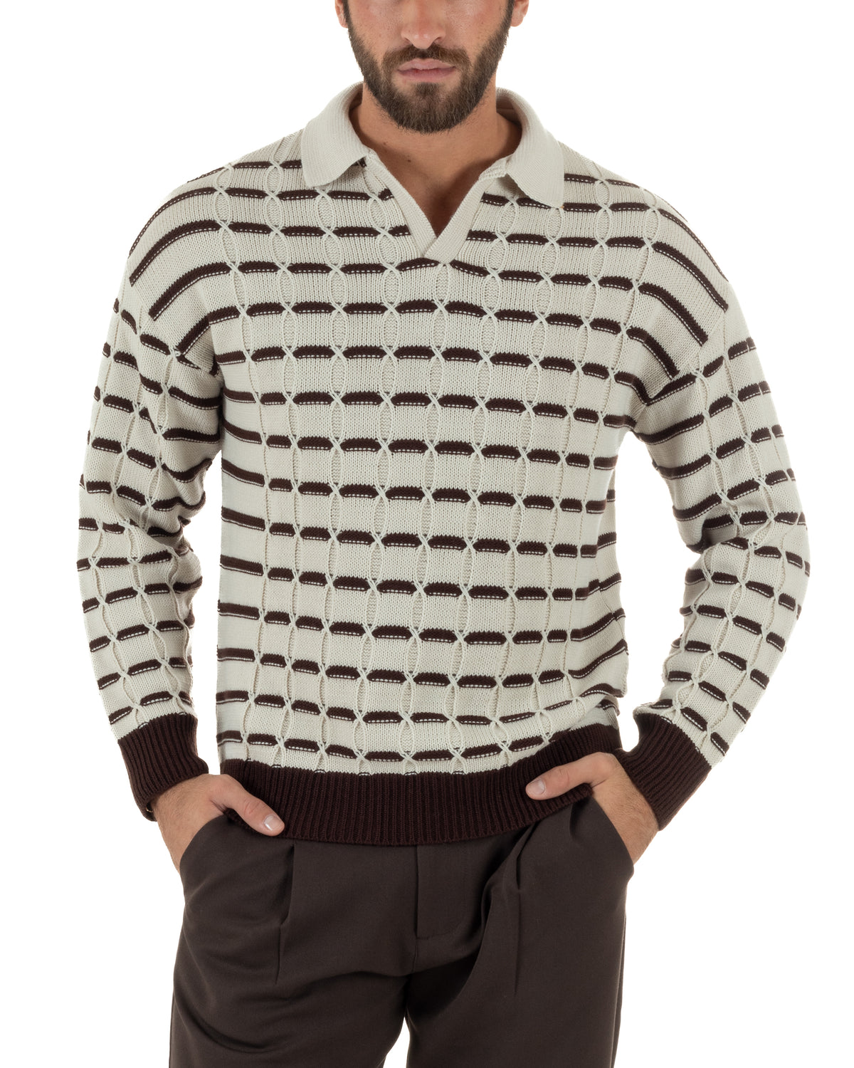 Polo uomo maglia scollo v trecce rigata beige BlackSunday M3148A