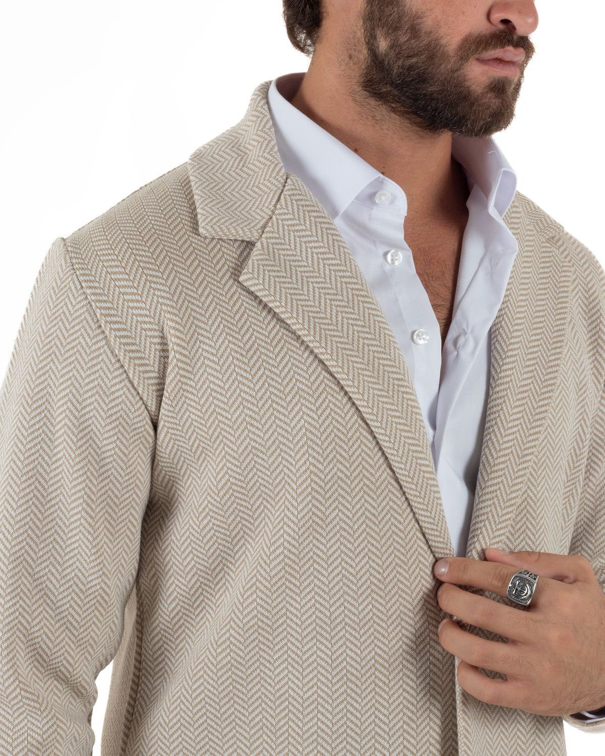Cardigan giacca blazer uomo monopetto spiga bicolore colletto rever beige BlackSunday-M3149A