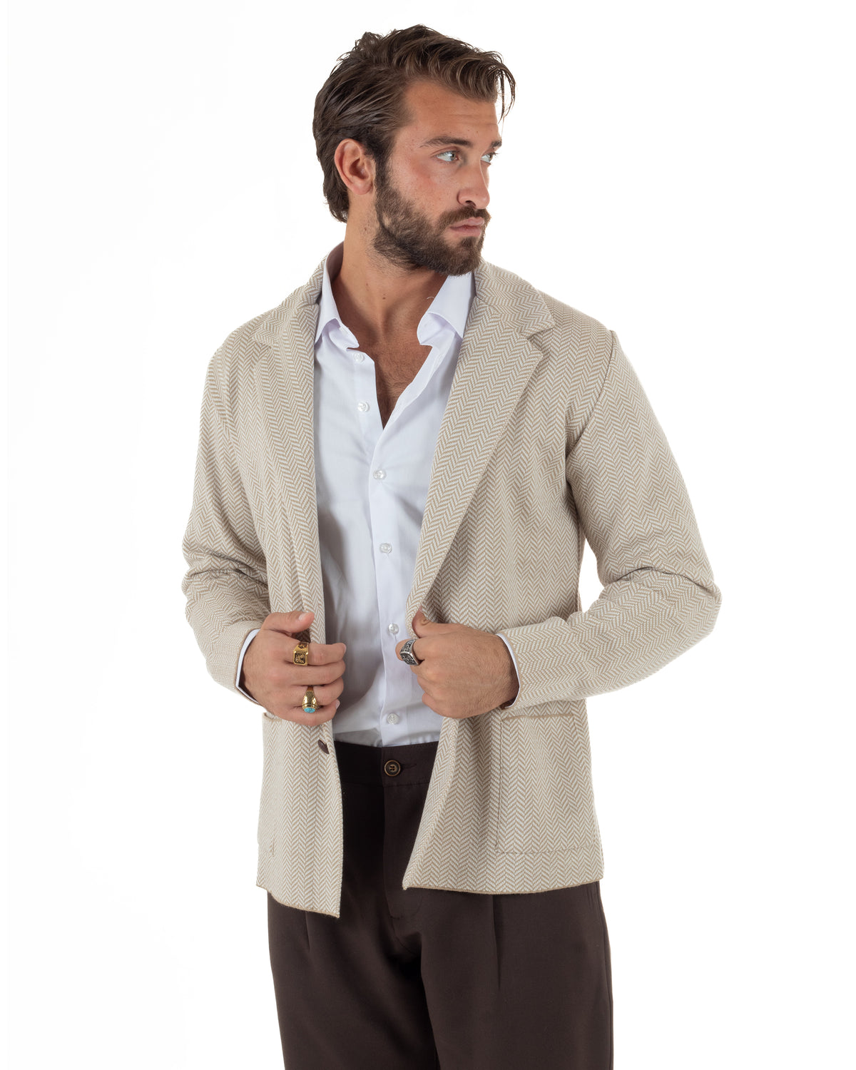 Cardigan giacca blazer uomo monopetto spiga bicolore colletto rever beige BlackSunday-M3149A