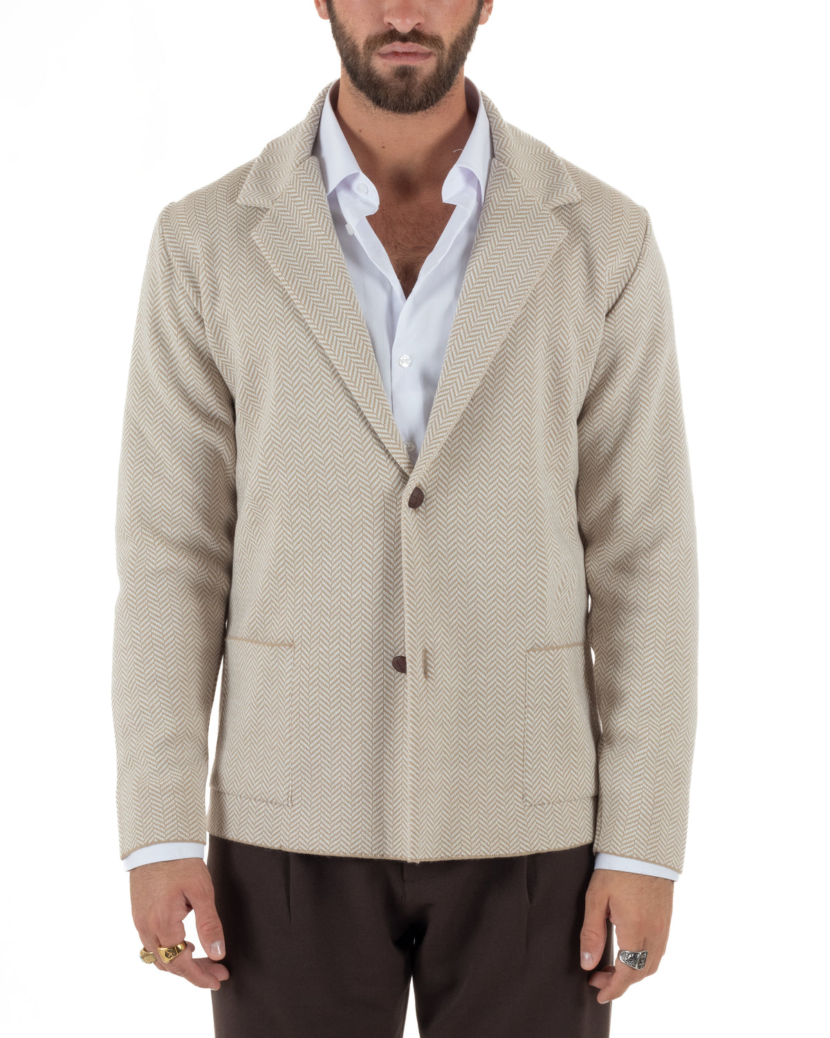 Cardigan giacca blazer uomo monopetto spiga bicolore colletto rever beige BlackSunday-M3149A