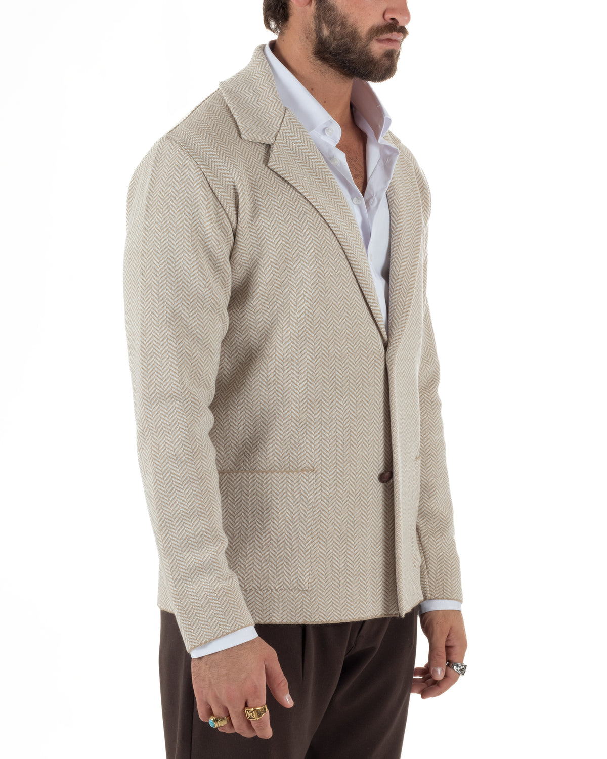Cardigan giacca blazer uomo monopetto spiga bicolore colletto rever beige BlackSunday-M3149A