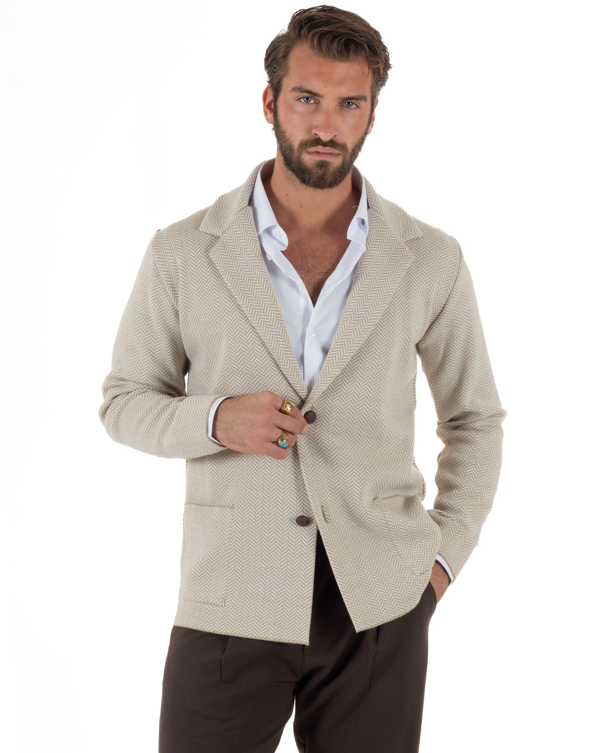 Cardigan giacca blazer uomo monopetto spiga bicolore colletto rever beige BlackSunday-M3149A