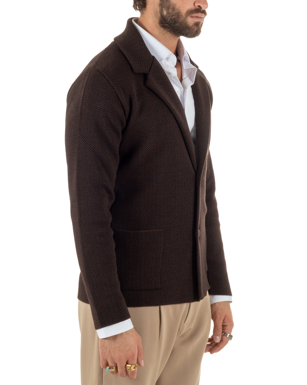 Cardigan giacca blazer uomo monopetto spiga bicolore colletto rever marrone BlackSunday-M3150A