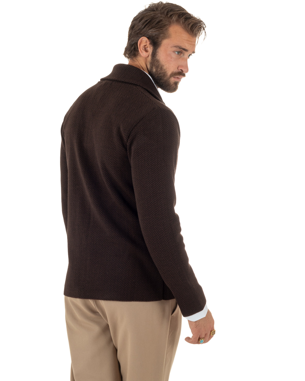 Cardigan giacca blazer uomo monopetto spiga bicolore colletto rever marrone BlackSunday-M3150A