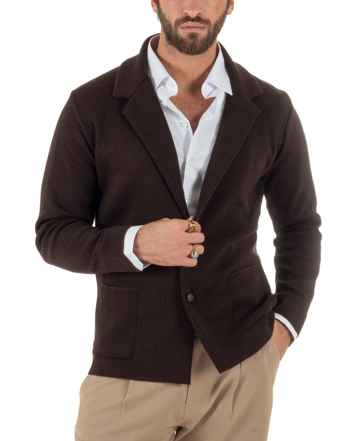 Cardigan giacca blazer uomo monopetto spiga bicolore colletto rever marrone BlackSunday-M3150A