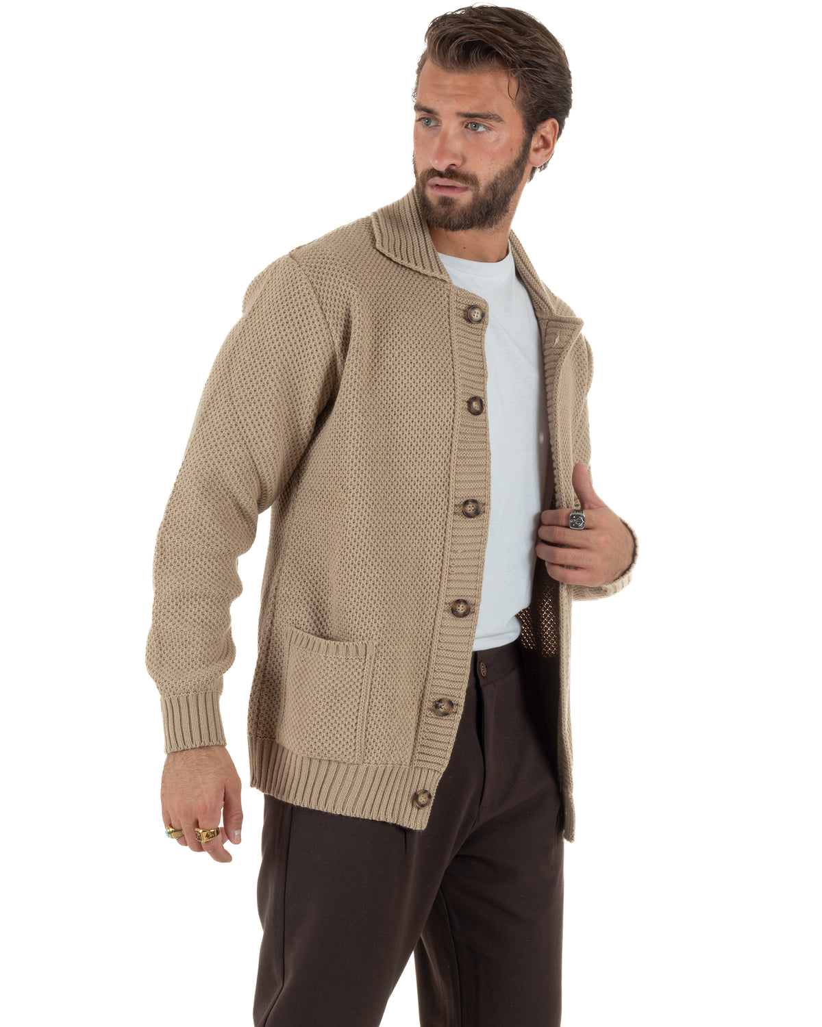 Cardigan polo uomo maglia bottoni nido d'ape tasche beige BlackSunday-M3151A
