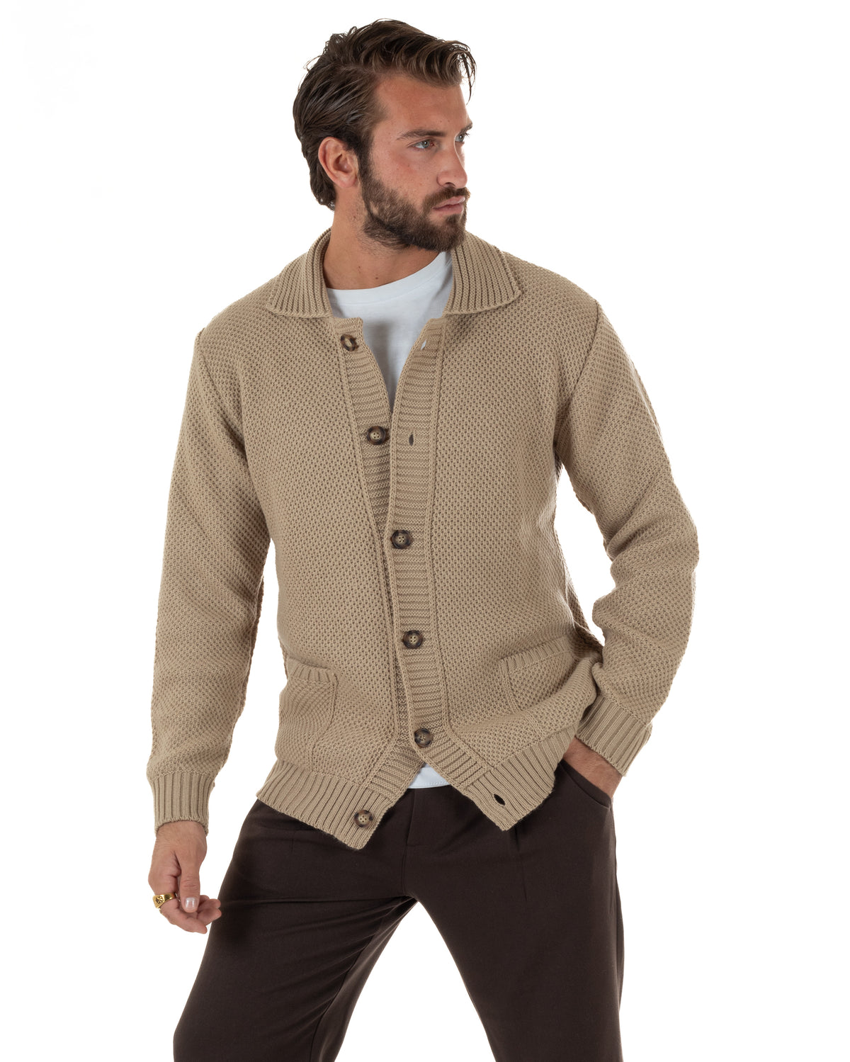 Cardigan polo uomo maglia bottoni nido d'ape tasche beige BlackSunday-M3151A