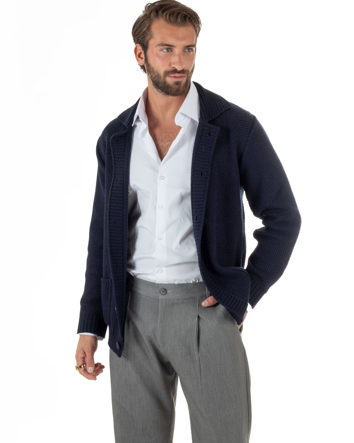 Cardigan polo uomo maglia bottoni nido d'ape tasche blu BlackSunday-M3152A