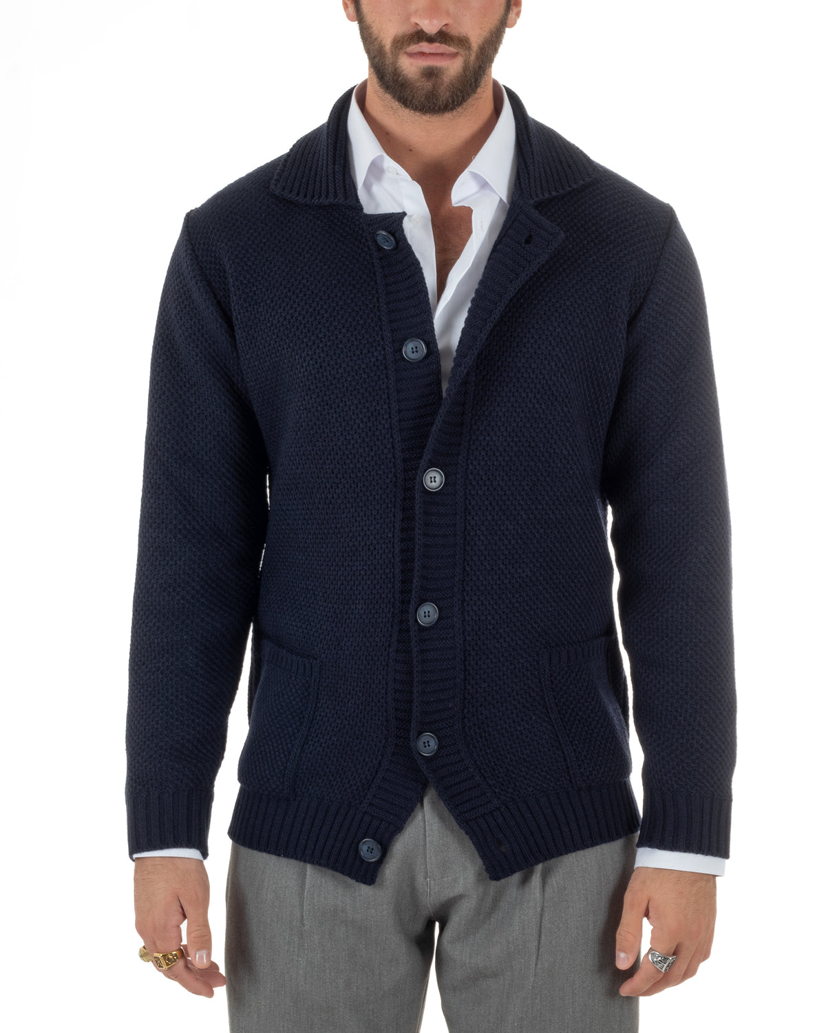 Cardigan polo uomo maglia bottoni nido d'ape tasche blu BlackSunday-M3152A
