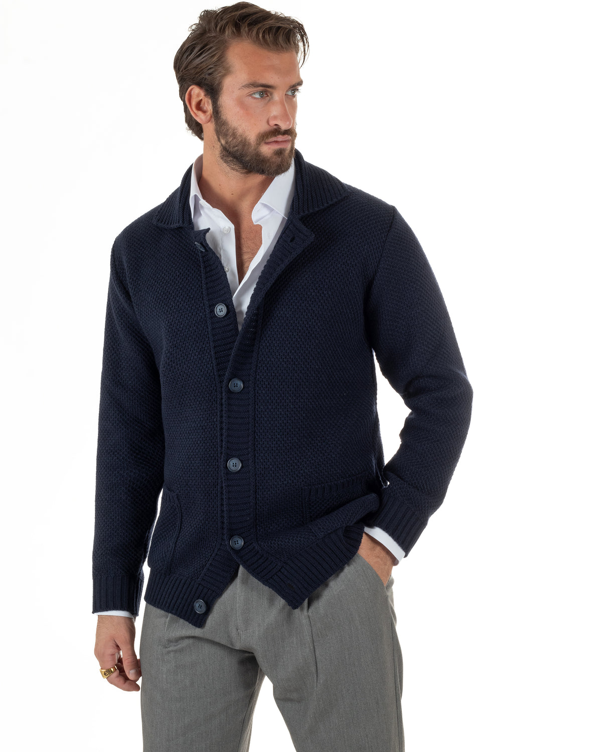 Cardigan polo uomo maglia bottoni nido d'ape tasche blu BlackSunday-M3152A