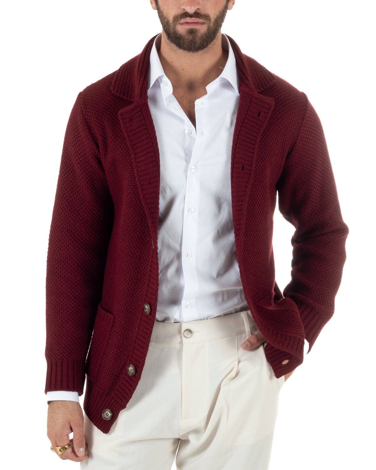 Cardigan polo uomo maglia bottoni nido d'ape tasche bordeaux BlackSunday-M3153A