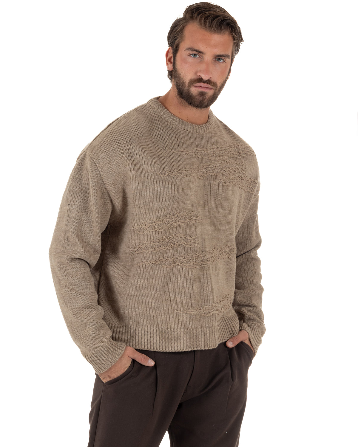 Maglioncino uomo girocollo boxy fit intrecci effetto sfilacciato beige GIOSAL-M3154A