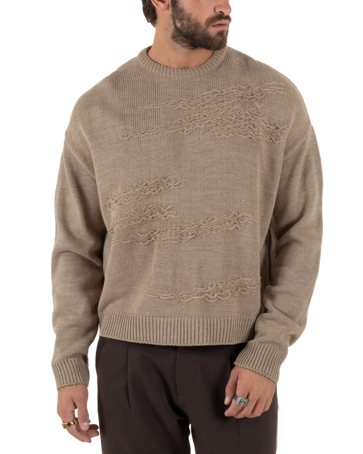 Maglioncino uomo girocollo boxy fit intrecci effetto sfilacciato beige GIOSAL-M3154A