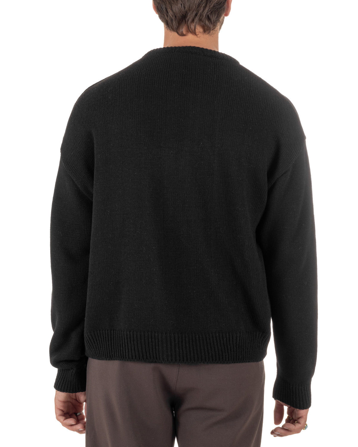 Maglioncino uomo girocollo boxy fit intrecci effetto sfilacciato nero GIOSAL-M3155A