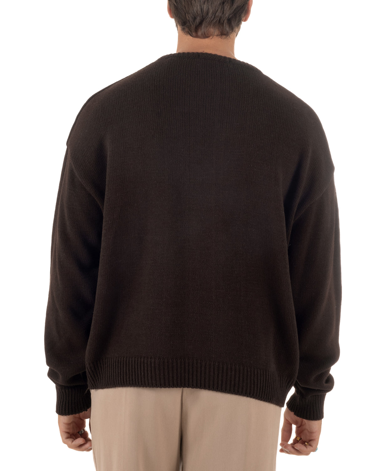 Maglioncino uomo girocollo boxy fit intrecci effetto sfilacciato marrone GIOSAL-M3156A