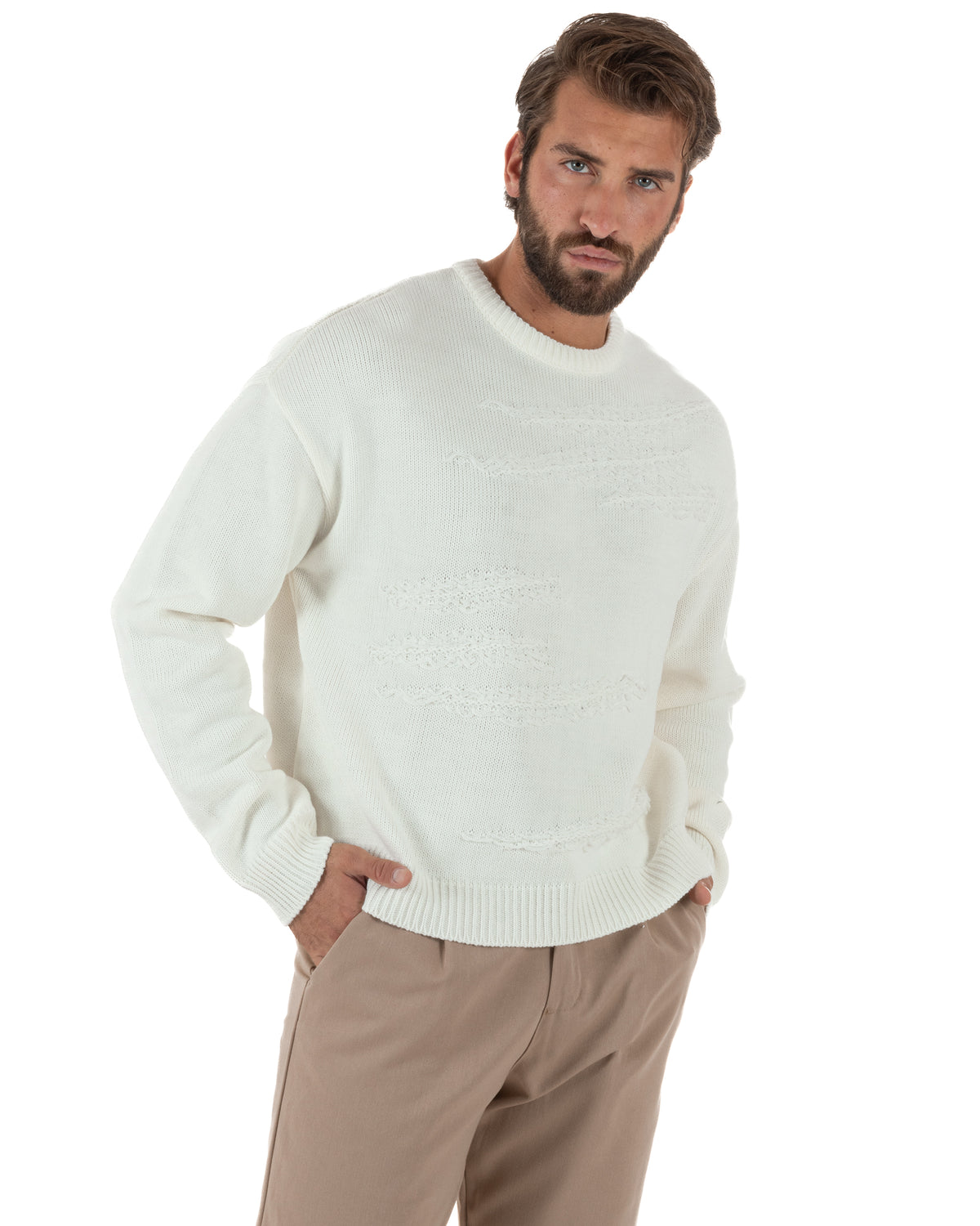 Maglioncino uomo girocollo boxy fit intrecci effetto sfilacciato bianco GIOSAL-M3157A
