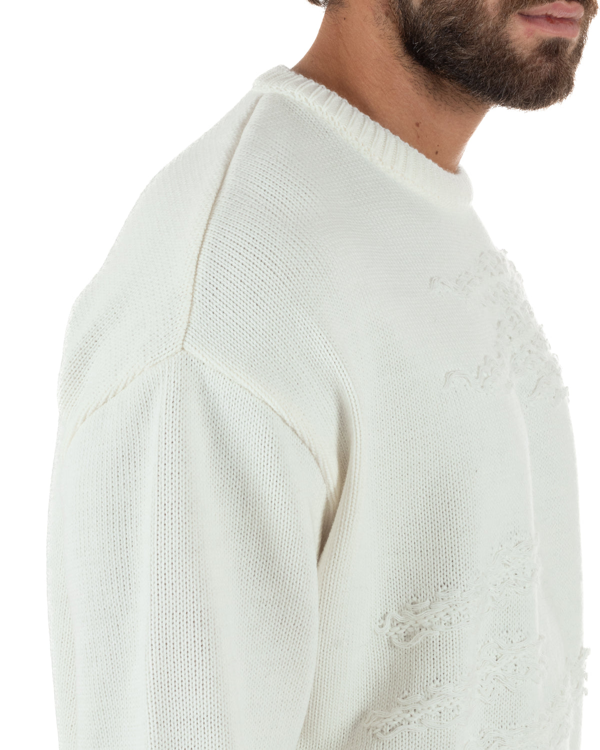 Maglioncino uomo girocollo boxy fit intrecci effetto sfilacciato bianco GIOSAL-M3157A
