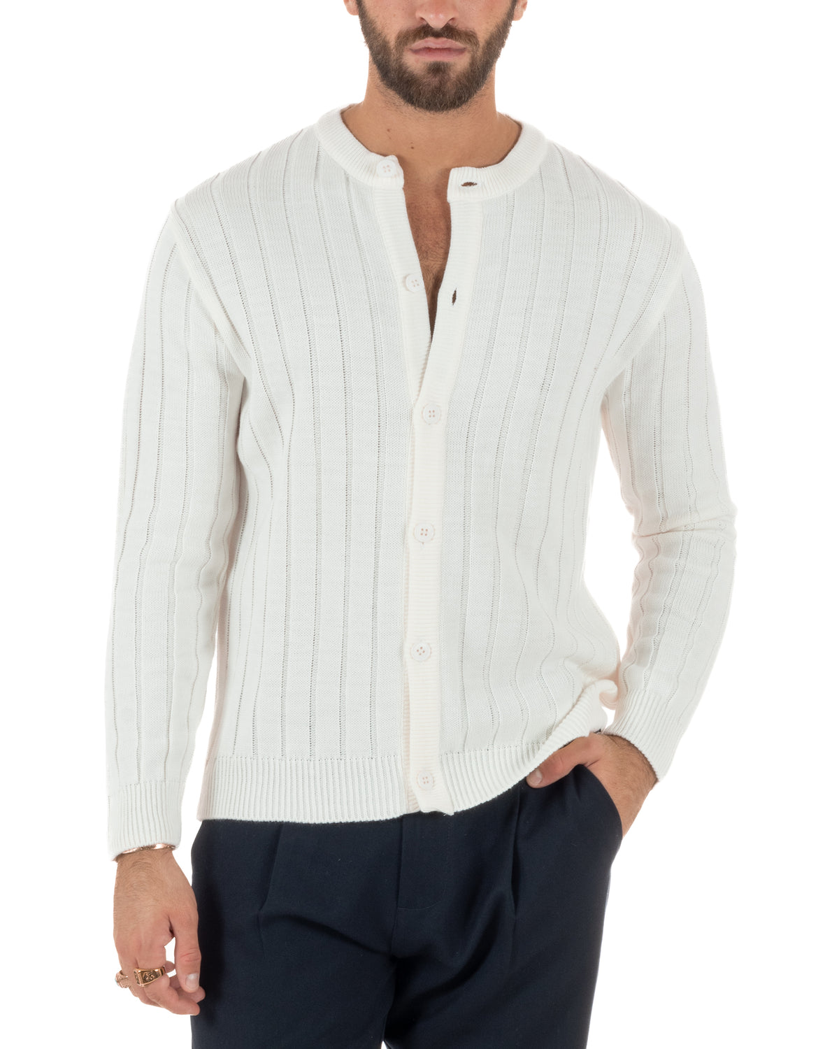 Cardigan giacca coreana uomo maglia coste verticali bianco GIOSAL-M3158A