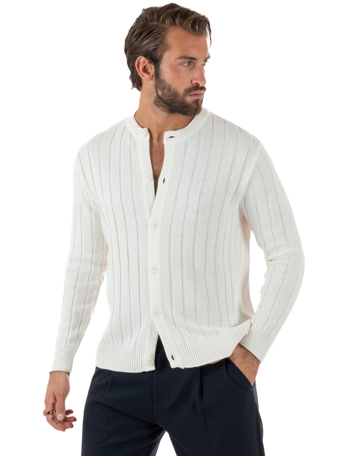 Cardigan giacca coreana uomo maglia coste verticali bianco GIOSAL-M3158A