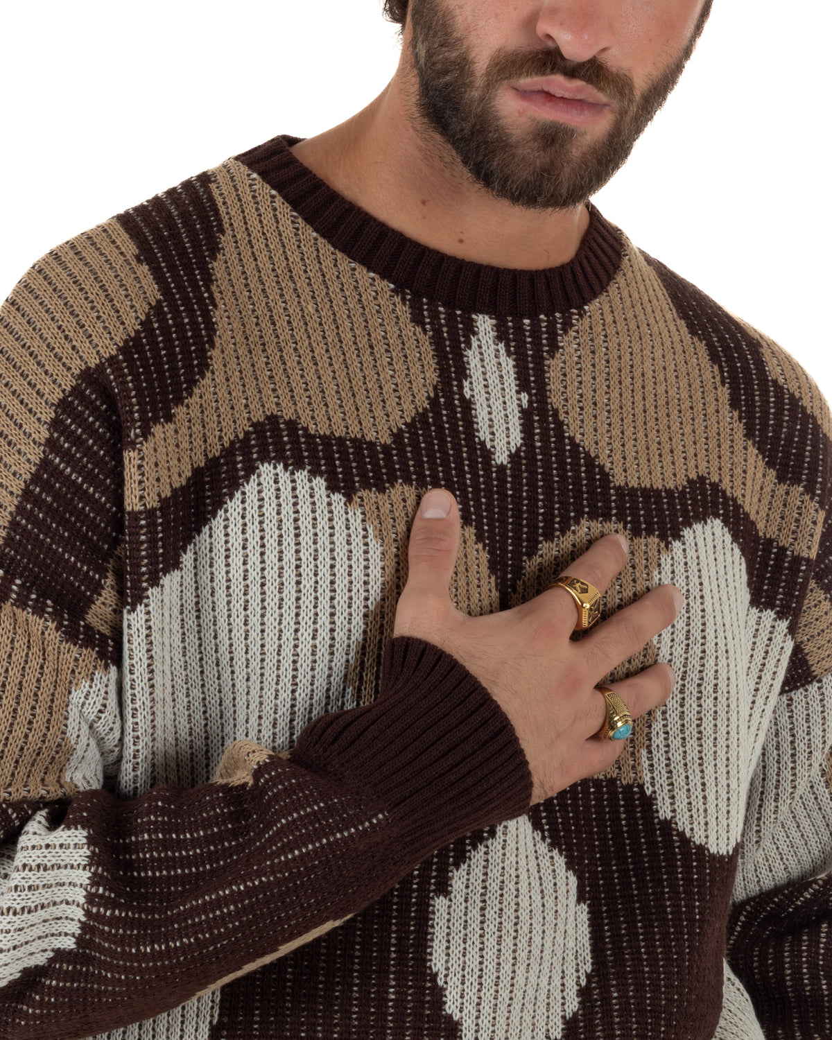 Maglioncino uomo girocollo in maglia jacquard geometrico astratta marrone BlackSunday-M3168A