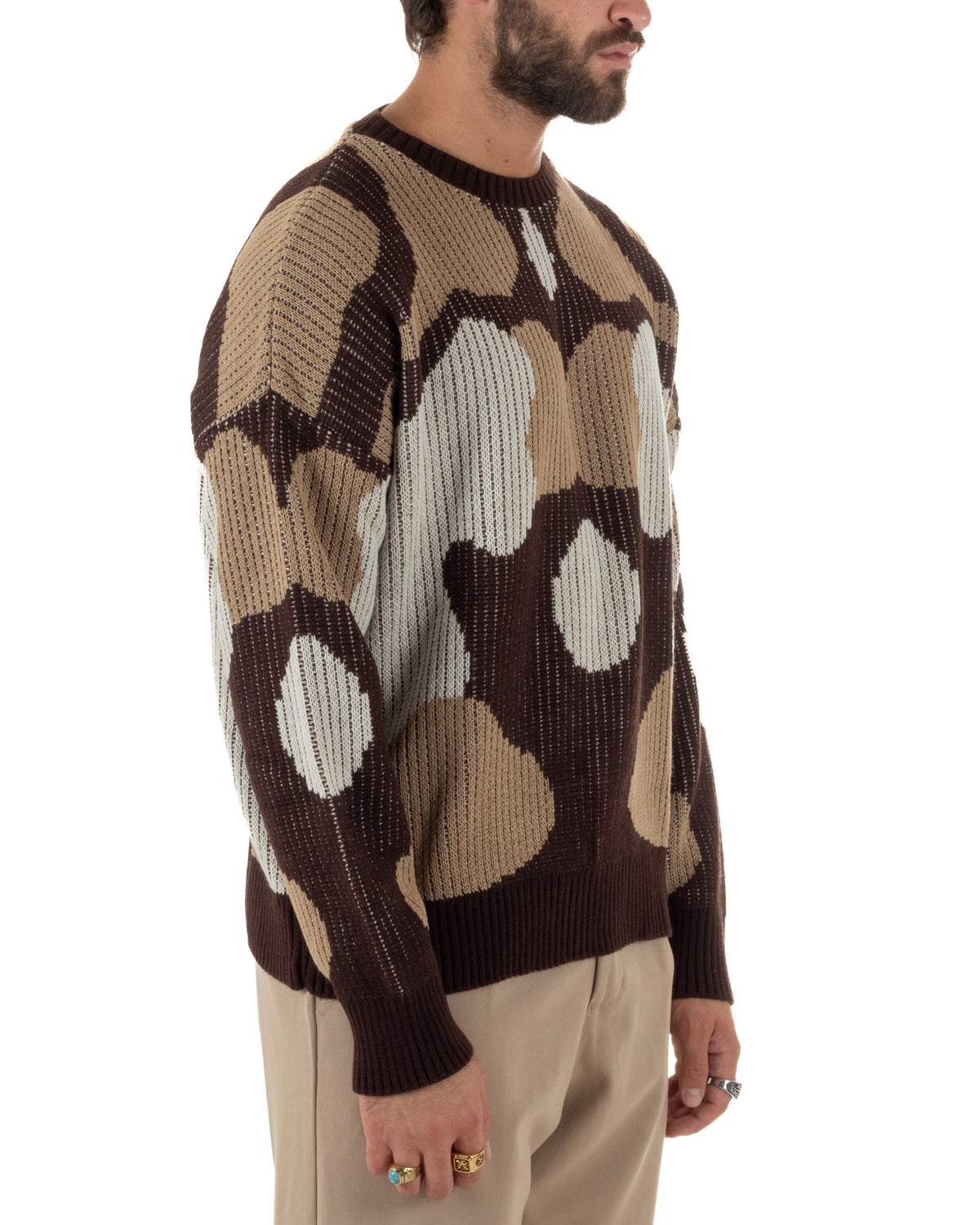 Maglioncino uomo girocollo in maglia jacquard geometrico astratta marrone BlackSunday-M3168A