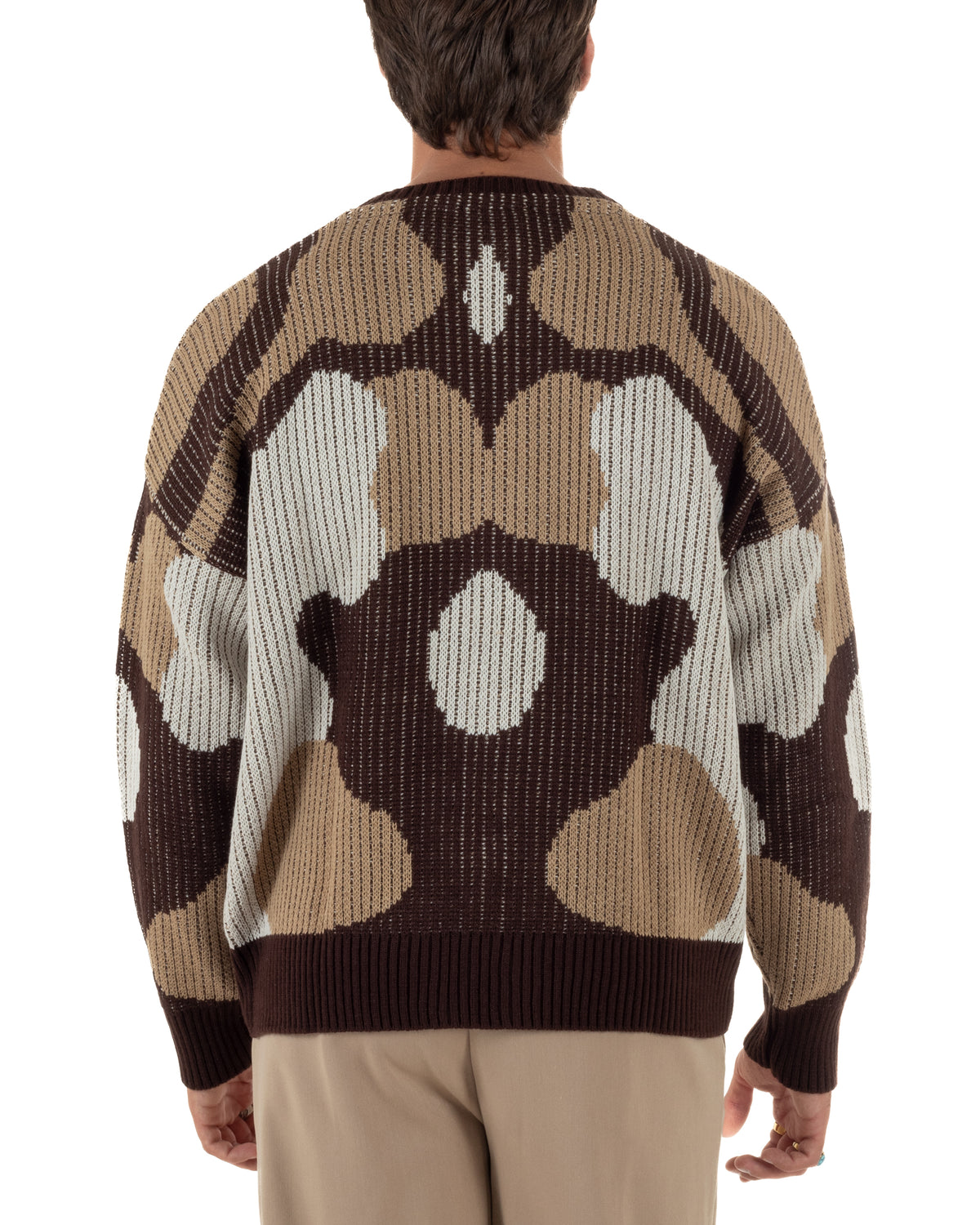 Maglioncino uomo girocollo in maglia jacquard geometrico astratta marrone BlackSunday-M3168A
