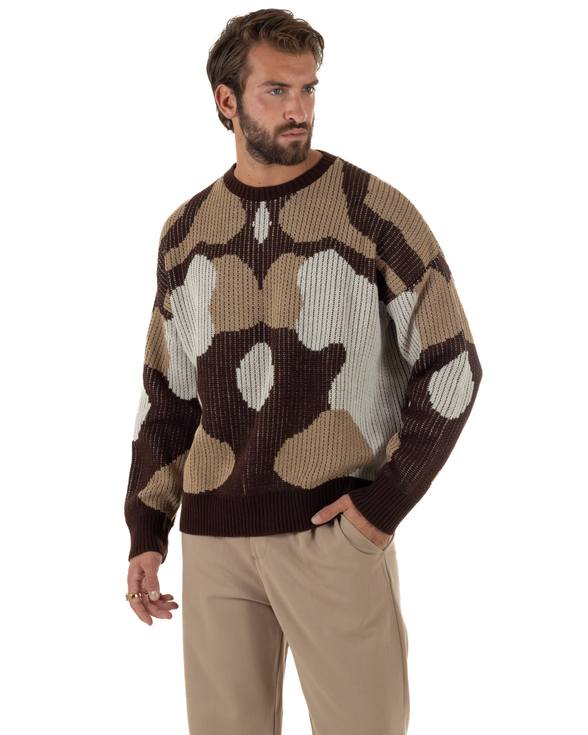 Maglioncino uomo girocollo in maglia jacquard geometrico astratta marrone BlackSunday-M3168A