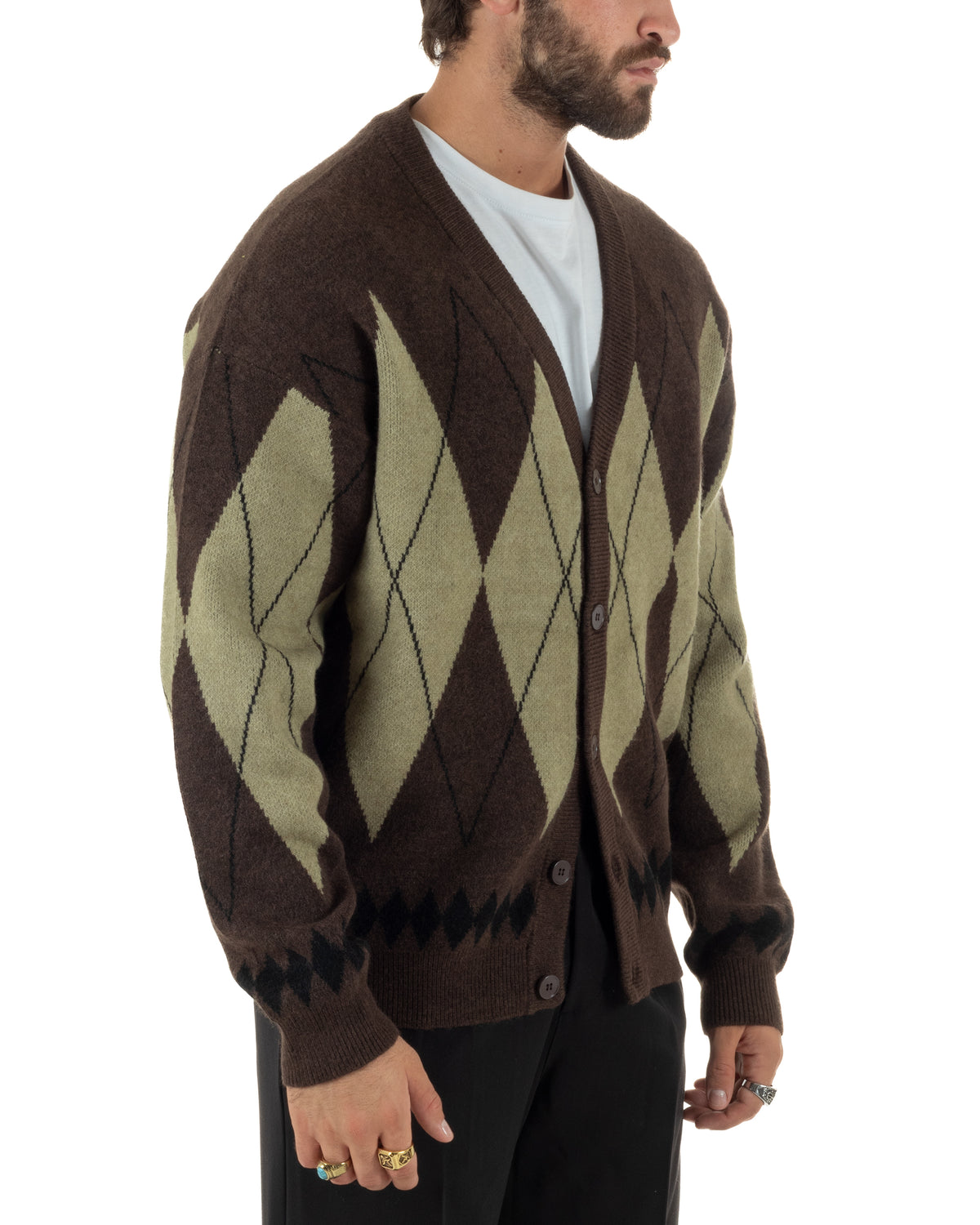 Cardigan uomo maglia over fit scollo v fantasia a rombo bicolore marrone GIOSAL-M3169A