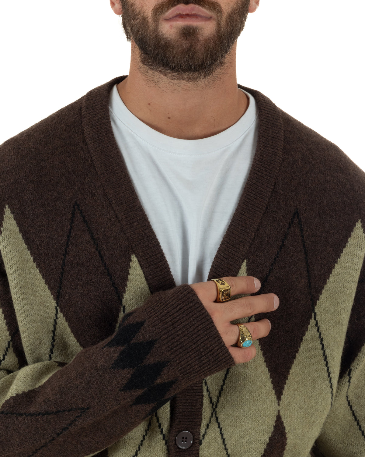 Cardigan uomo maglia over fit scollo v fantasia a rombo bicolore marrone GIOSAL-M3169A