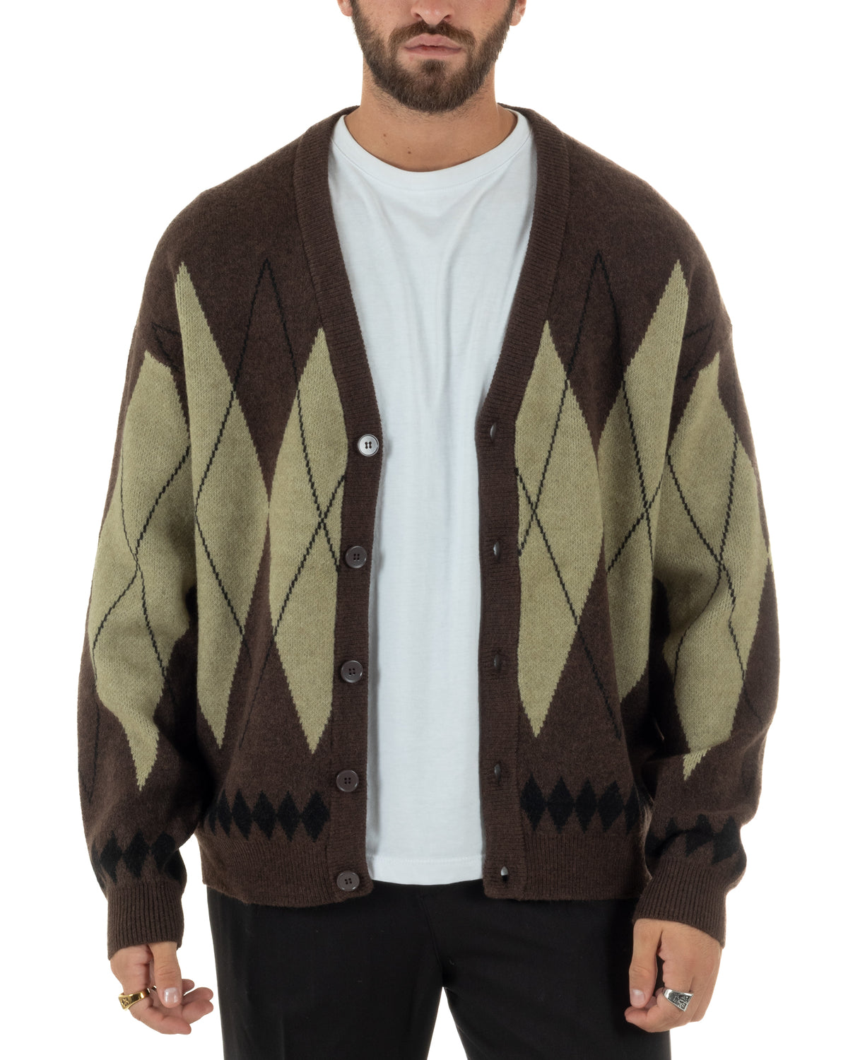 Cardigan uomo maglia over fit scollo v fantasia a rombo bicolore marrone GIOSAL-M3169A