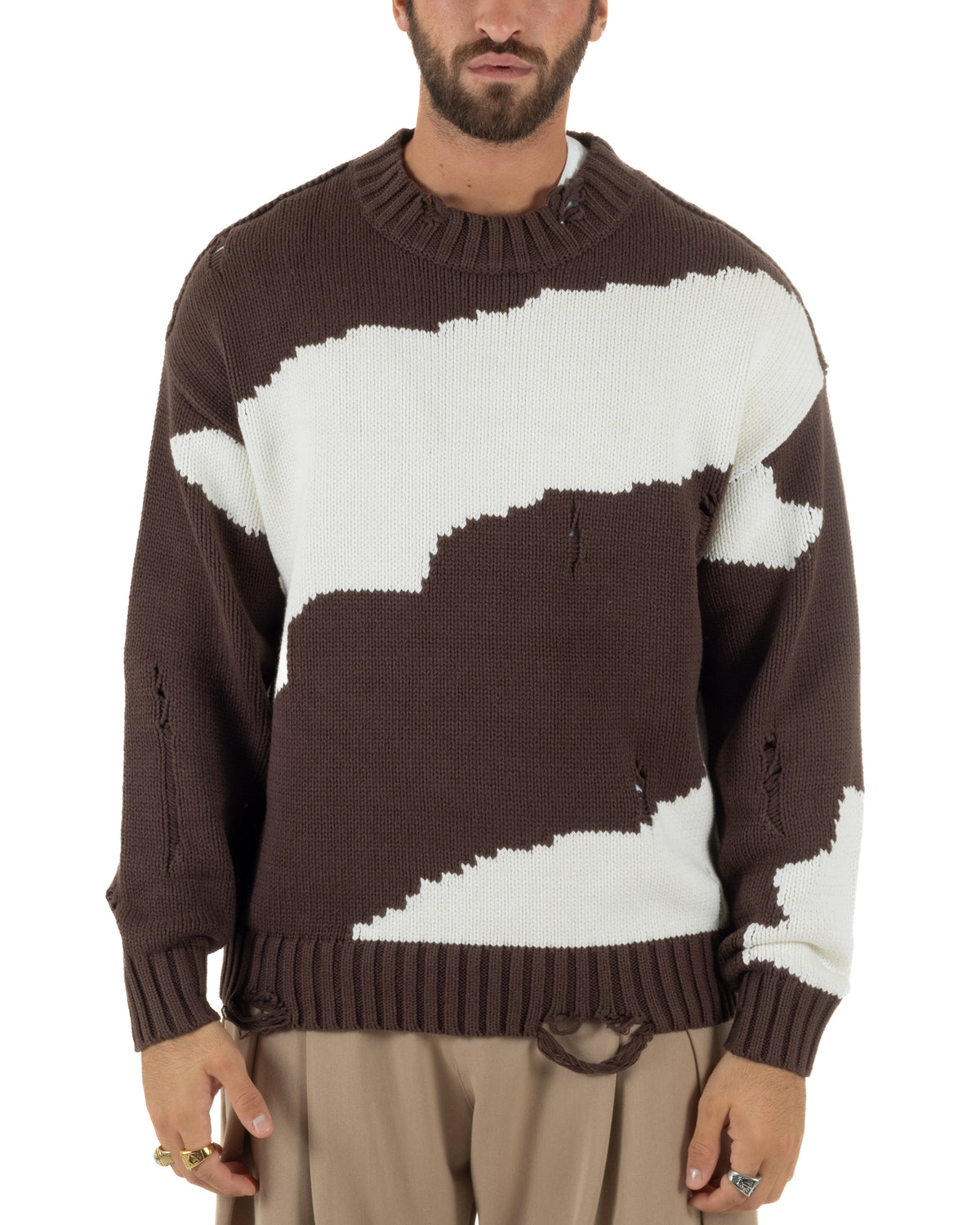 Maglioncino uomo girocollo maglia spalle scese gola alta rotture bicolore marrone GIOSAL-M3170A