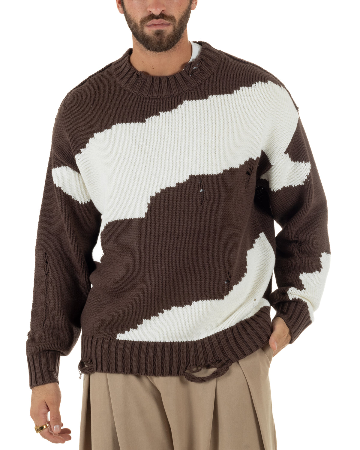Maglioncino uomo girocollo maglia spalle scese gola alta rotture bicolore marrone GIOSAL-M3170A