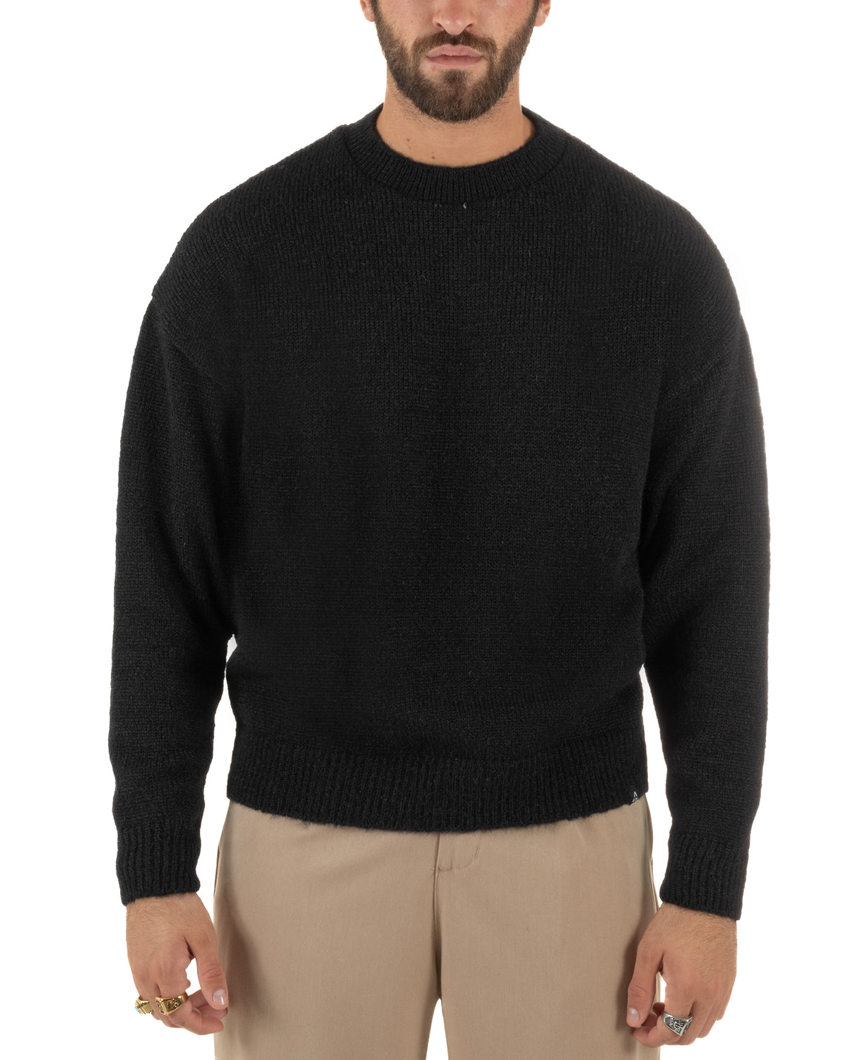 Jersey de lana de mohair para hombre de cuello redondo, punto suave, negro GIOSAL-M3171A