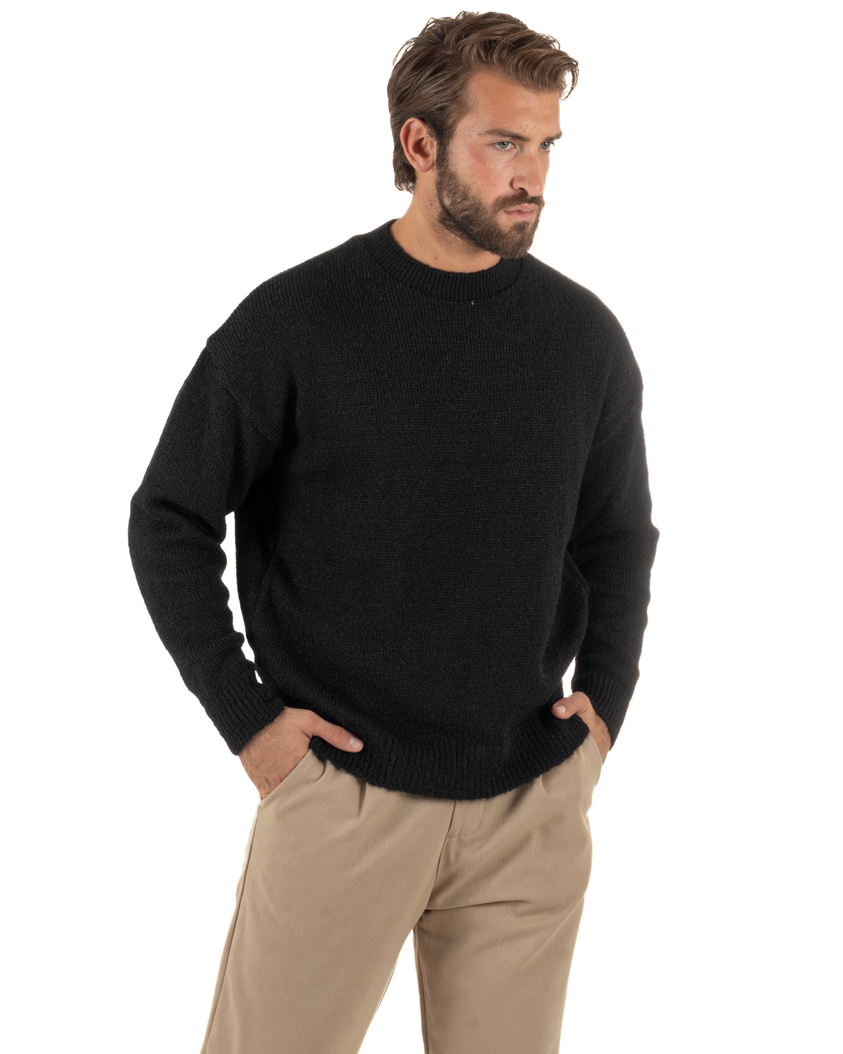 Jersey de lana de mohair para hombre de cuello redondo, punto suave, negro GIOSAL-M3171A