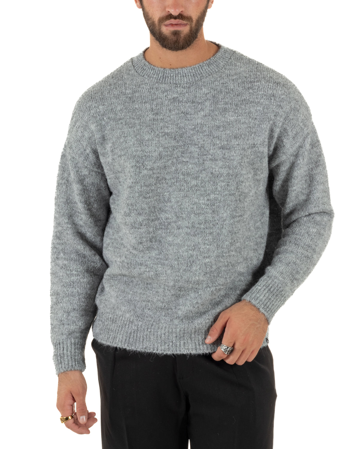 Maglioncino uomo girocollo maglia lana mohair morbida spalle scese grigio GIOSAL-M3172A
