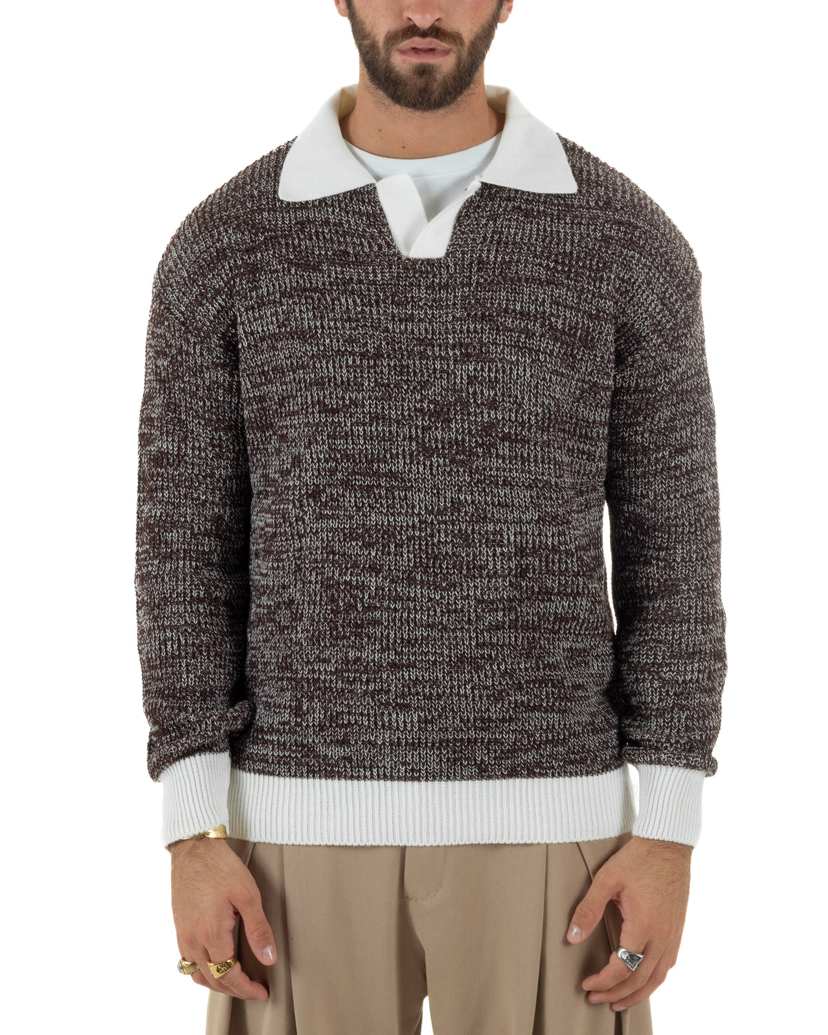 Polo lana uomo maglia mélange colletto aperto derby marrone GIOSAL-M3173A