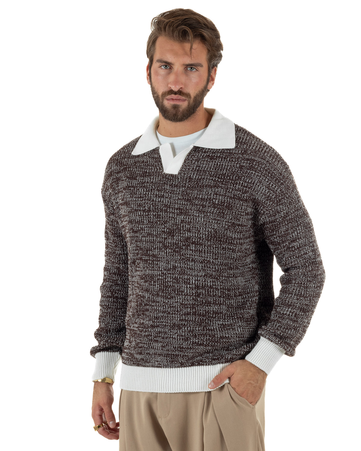 Polo lana uomo maglia mélange colletto aperto derby marrone GIOSAL-M3173A