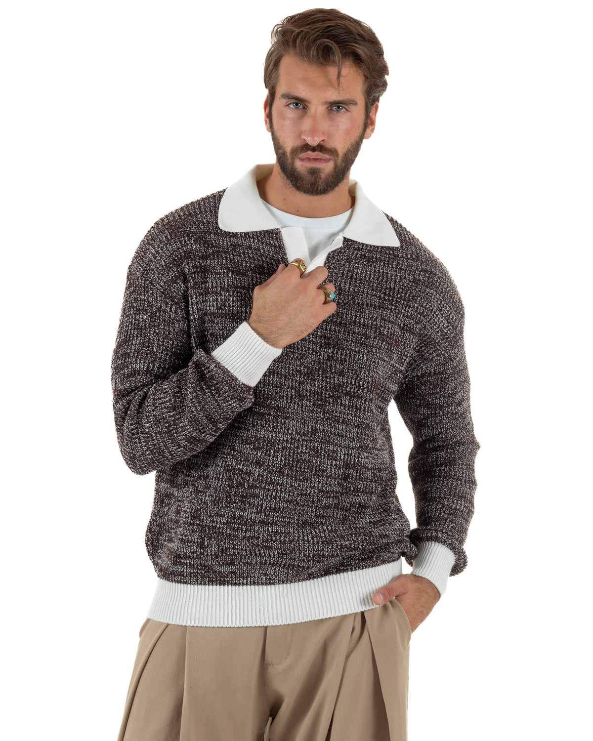 Polo lana uomo maglia mélange colletto aperto derby marrone GIOSAL-M3173A