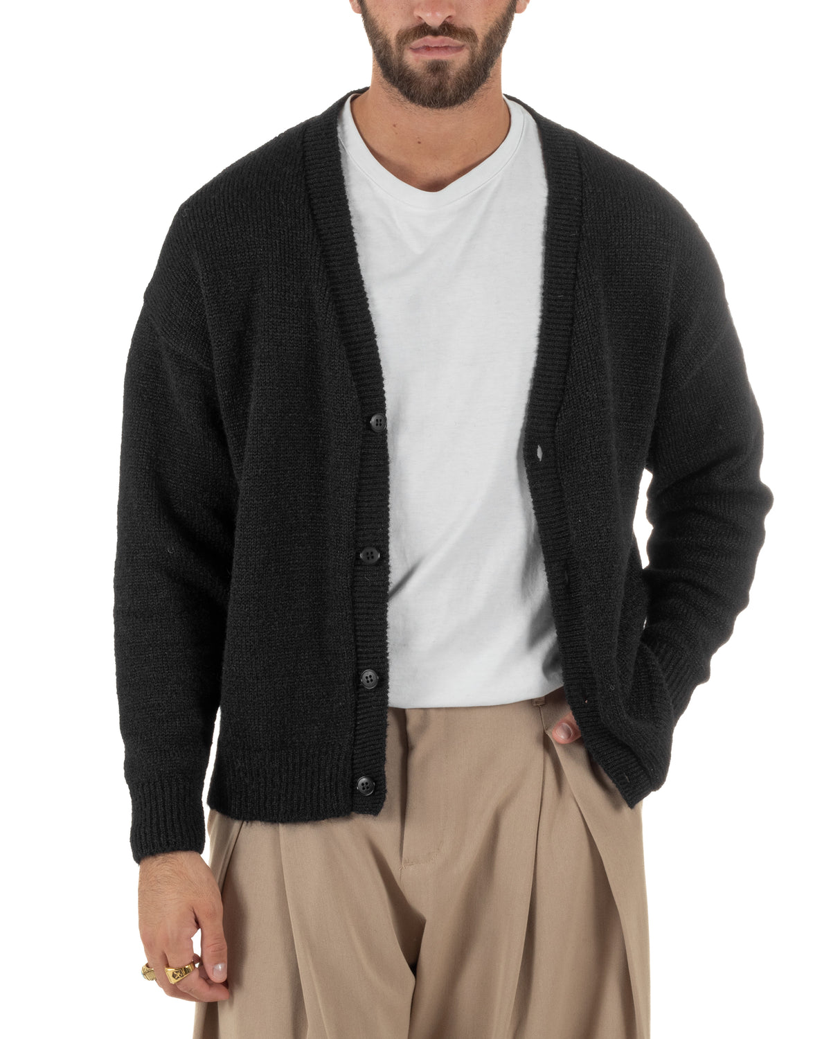 Cardigan lana mohair uomo maglia boxy fit morbido scollo a V bottoni nero GIOSAL-M3174A