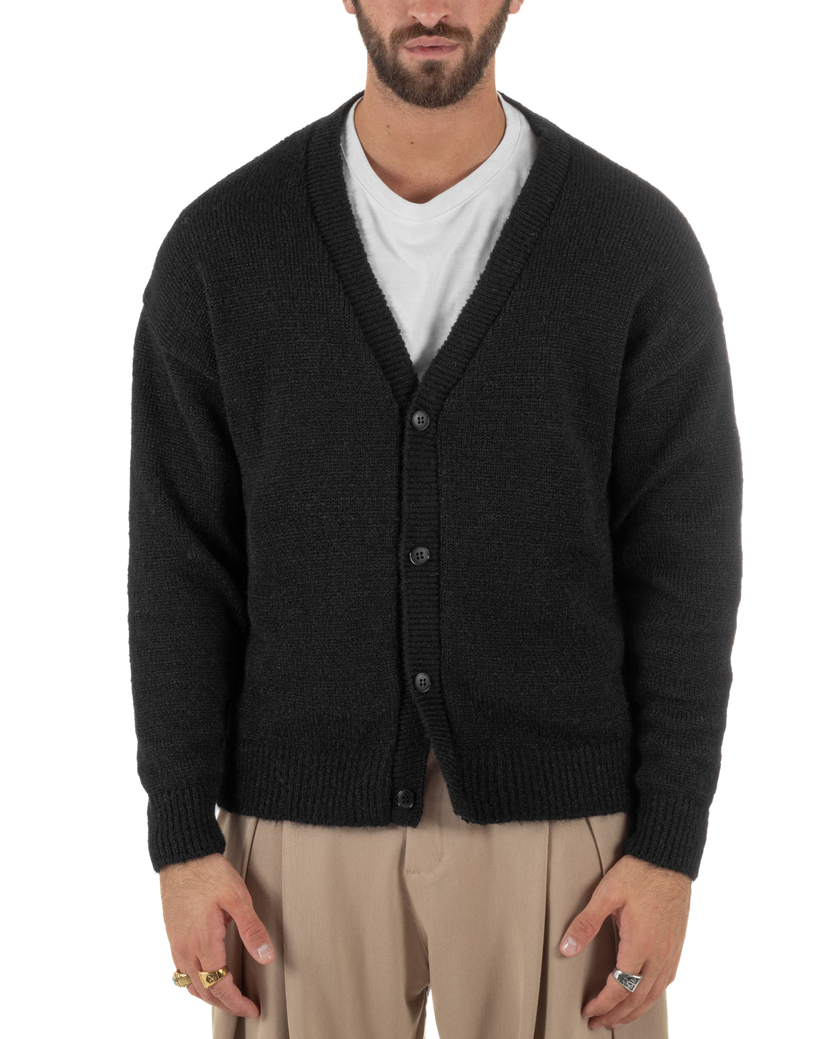 Cardigan lana mohair uomo maglia boxy fit morbido scollo a V bottoni nero GIOSAL-M3174A