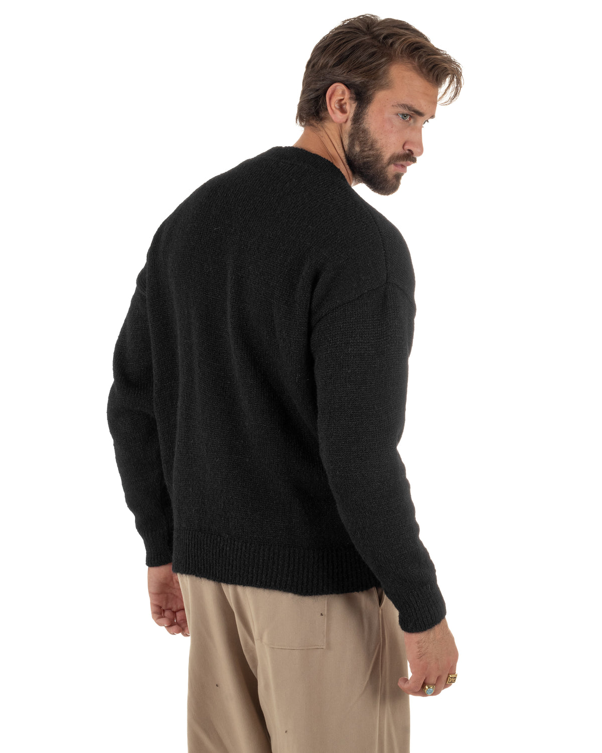 Cardigan lana mohair uomo maglia boxy fit morbido scollo a V bottoni nero GIOSAL-M3174A