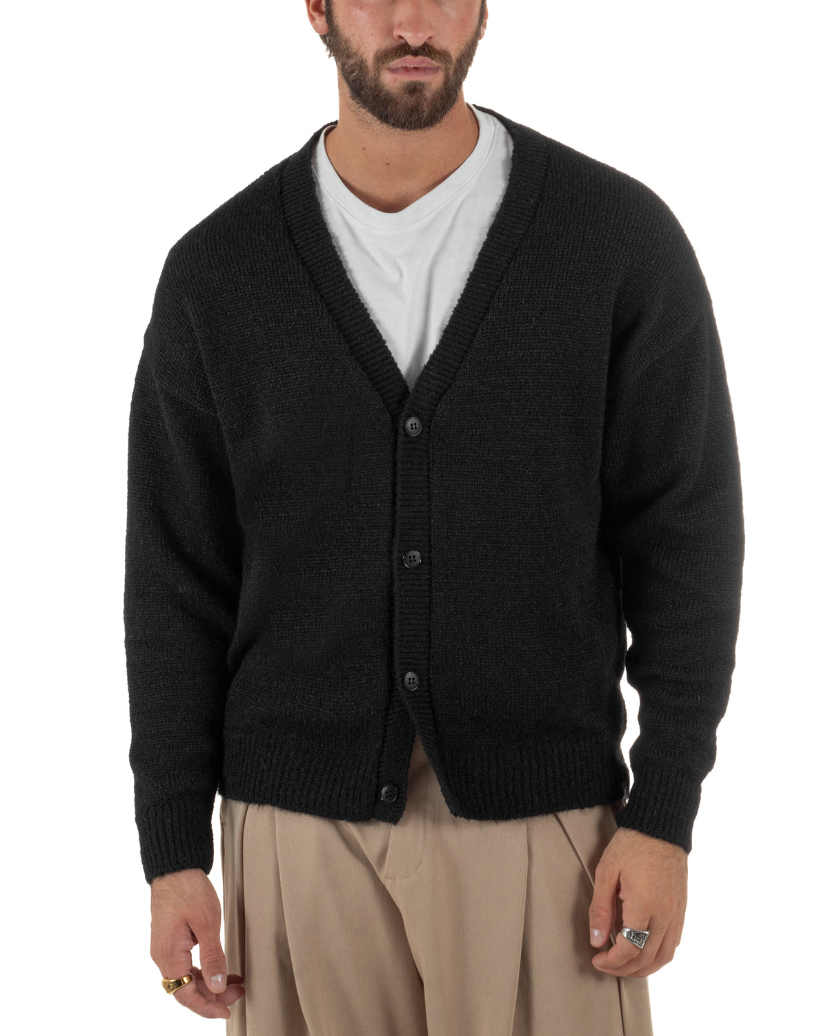 Cardigan lana mohair uomo maglia boxy fit morbido scollo a V bottoni nero GIOSAL-M3174A
